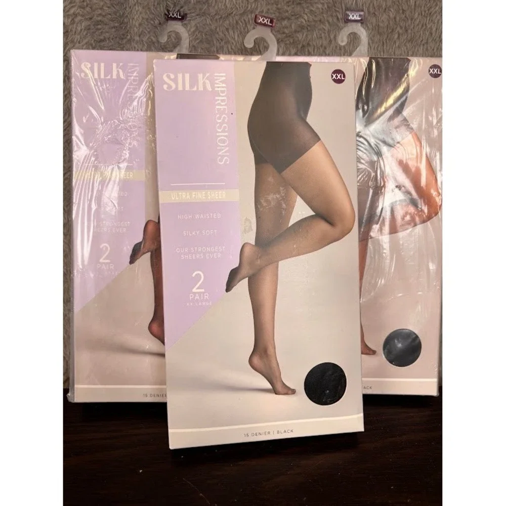 Silk Impressions 3pk 2pr Ultra Fine Sheer Pantyhose XXL Black High Waist Tights